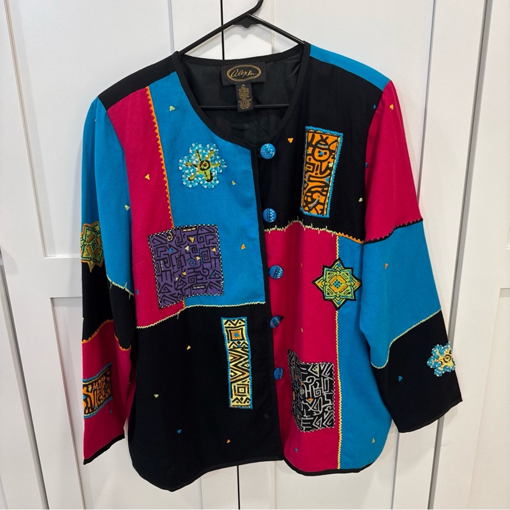 Alex Kim Women’s Colorful Patchwork Button-Up Jacket Size 1X